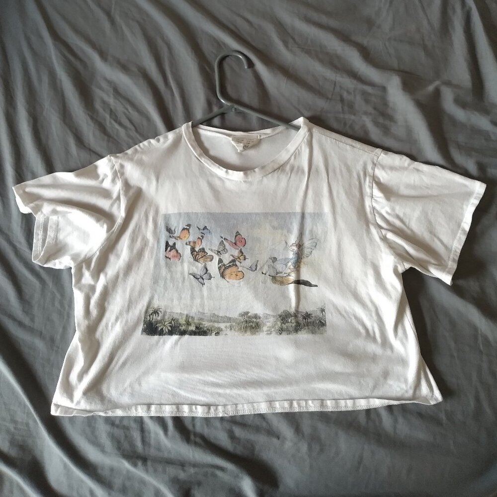 French Pastry white shirt with butterfly design size large.